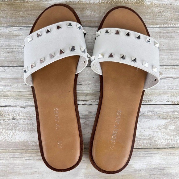 Sincerely Jules Tyler Studded Wide Strap Slide Sandals Size 9 White Silver - Picture 4 of 10